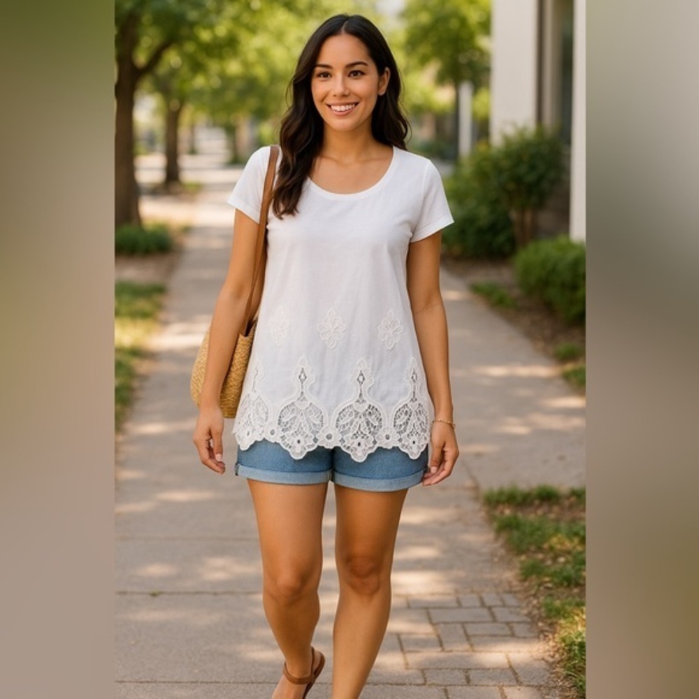RAGA White Boho Blouse Lace Detail Short Sleeve Tee Tunic Top NWT S #2413